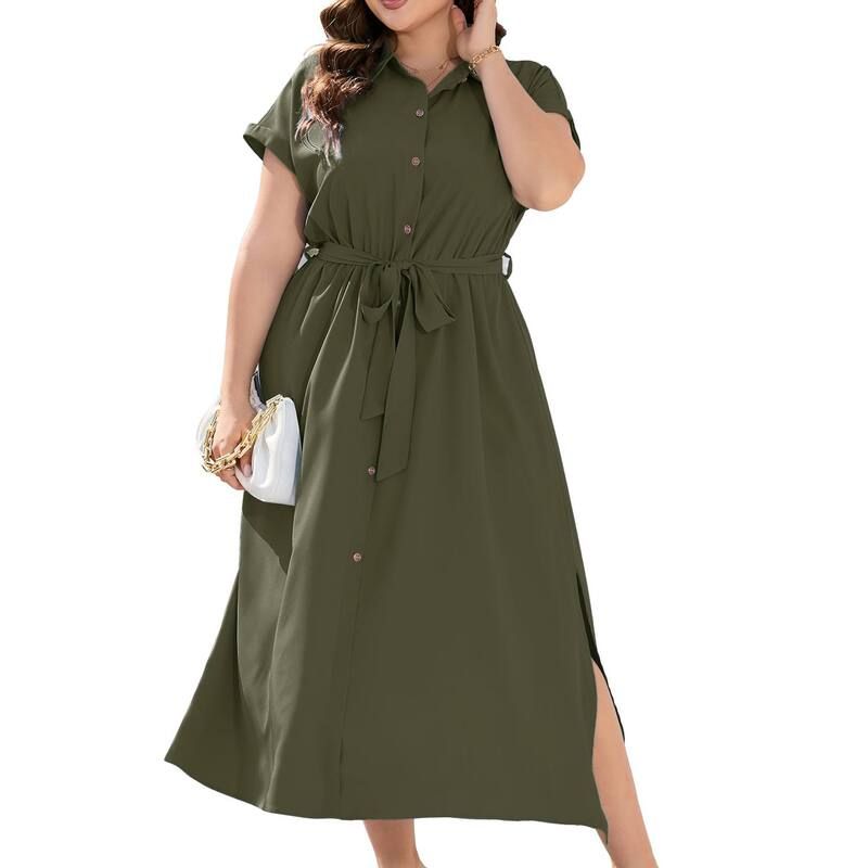 クリアフラワー レディース トップス ワンピース プラスサイズ シャツ マキシ ClearFlower Womens Plusize Shirt Dress Maxi Summer Short Sle