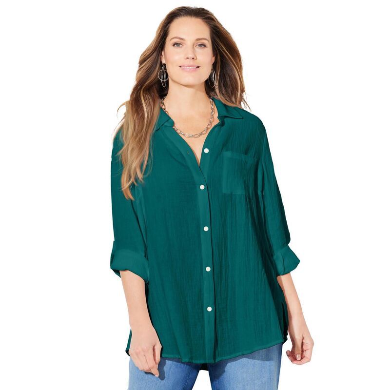 キャサリンズ レディース トップス シャツ プラスサイズ コットン Catherines Womens Plusize Anywear Pucker Cotton Buttonfront Roll T