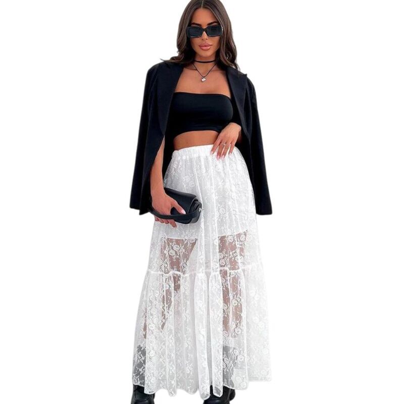 イエスファッション レディース ボトムスカート A ライン フラワー柄 フリル シアー 刺繍 レース マキシ フラワー Yesfashion Womensheer Lace Skirt High Wa