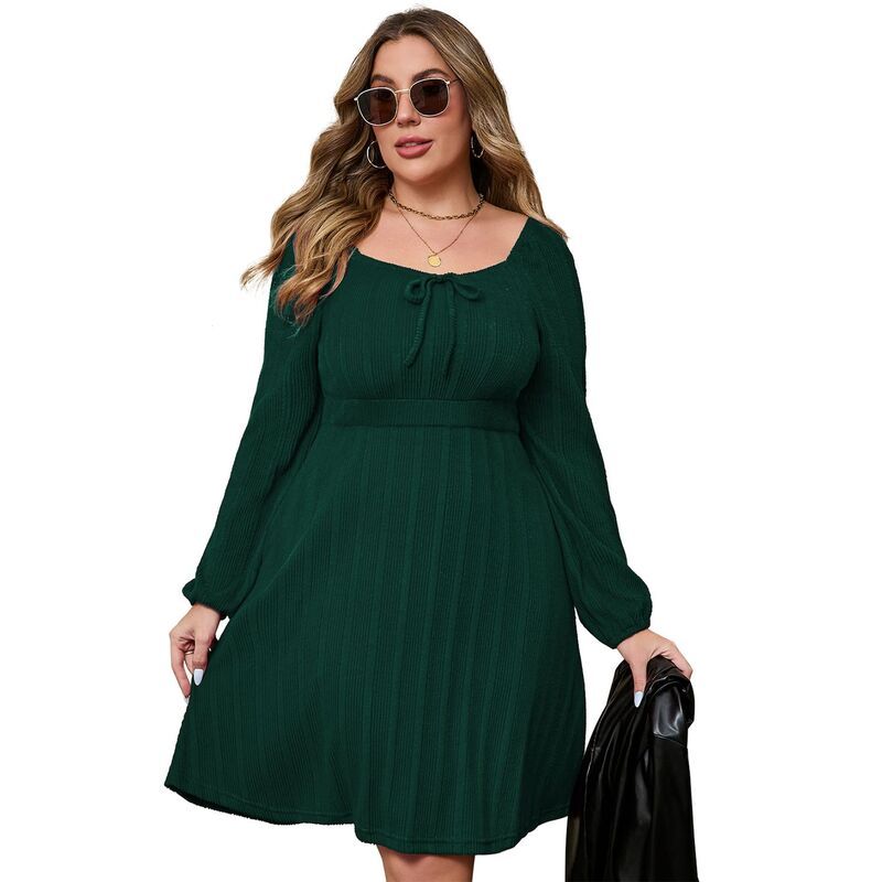 セオリア レディース トップス ワンピース A ライン プラスサイズ Seoria Women Plusize Square Neck Long Sleeve Tie Front A Line Dre