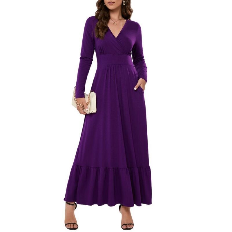 ボディサイズ レディース トップス ワンピース Vネック マキシ BODDYSIZE Women Long Sleeve Loose Plain Long Maxi Casual Dress Deep