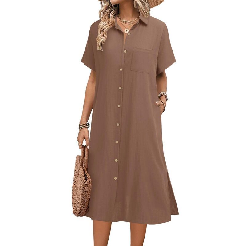 ジーグー レディース トップス ワンピース ボタンダウン ミディ シャツ ダウン リネン Zeagoo Womens Casual Midi Short Sleeve Button Down Line