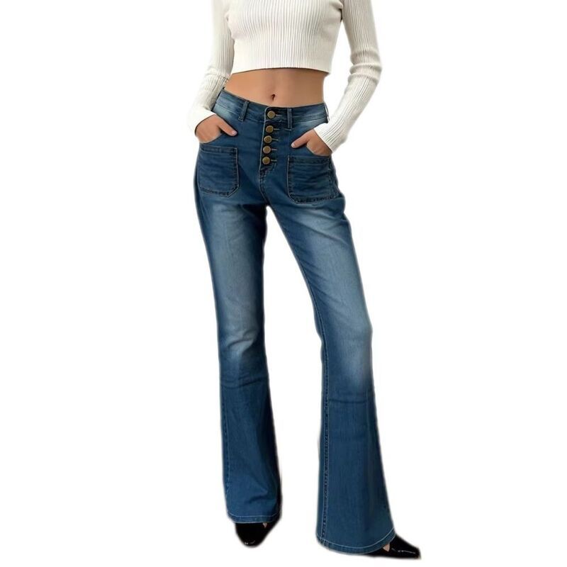 イエスファッション レディース ボトムス デニムパンツ ジーンズ Yesfashion Womens High Waisted Flare Jeans Button Denim Bell Bottom