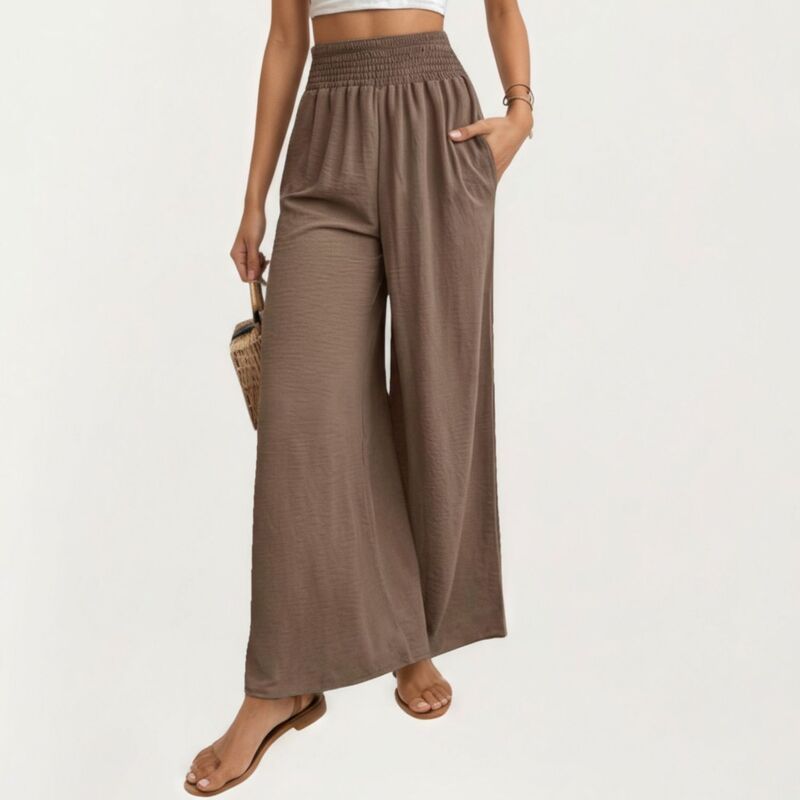 アンナカシ レディース ボトムス カジュアルパンツ リラックスフィット ワイドレッグ ハイウエスト シャーリング AnnaKaci Womens High Waist Smocked Wide Leg