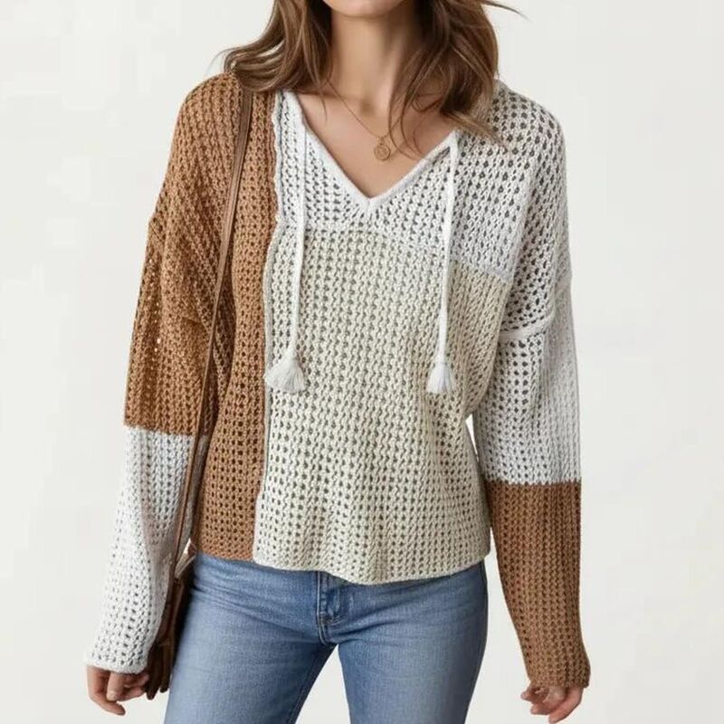 アンナカシ レディース アウター ニット・セーター Vネック パーカー AnnaKaci Womens Long Sleeve Knit Hoodie Top with Color Block Des