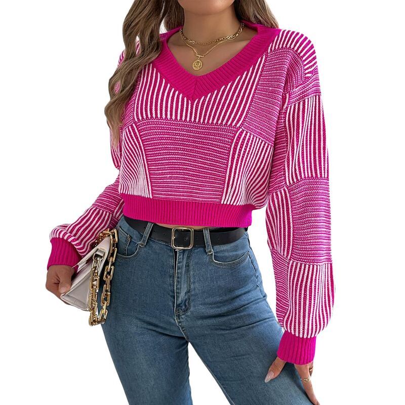 クリアフラワー レディース アウター ニット・セーター クロップド ClearFlower Womenstriped Puff Sleeve Sweater Cropped Pullover with