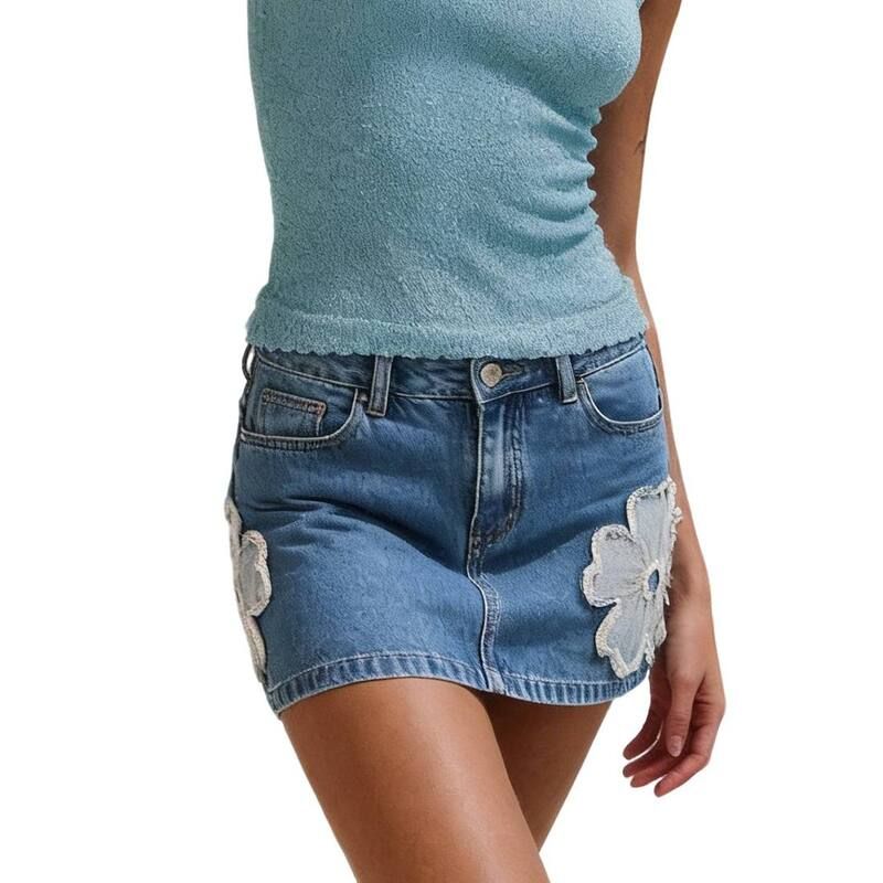クリアフラワー レディース ボトムスカート フラワー柄 ミニ デニム ClearFlower Womens Classic Waist Floral Applique Side Pockets Fra