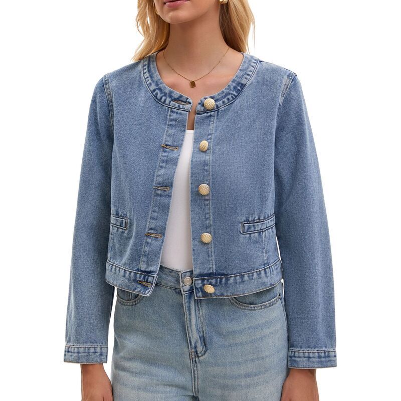 インスパイア シック レディース アウター ジャケット・ブルゾン ボタンダウン デニム INSPIRE CHIC Womens Collarless Denim Jacket Long Sleeve