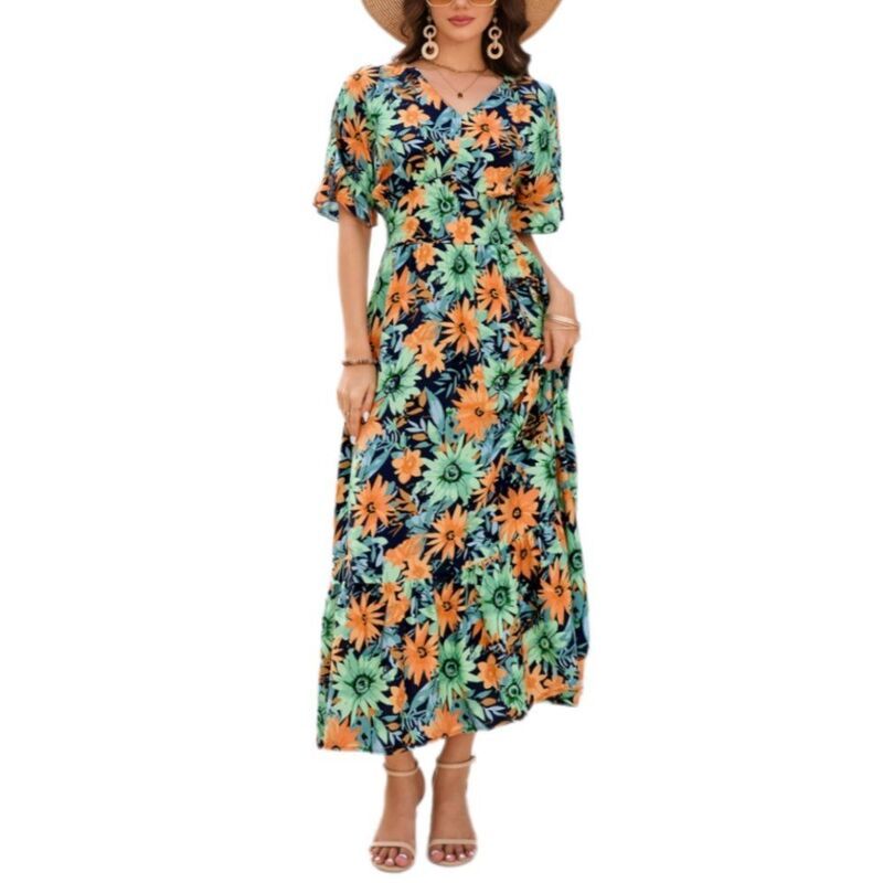 イエスファッション レディース トップス ワンピース Vネック フラワー柄 プリント ミディ フラワー Yesfashion Womens VNeck Midi Dress Floral Print