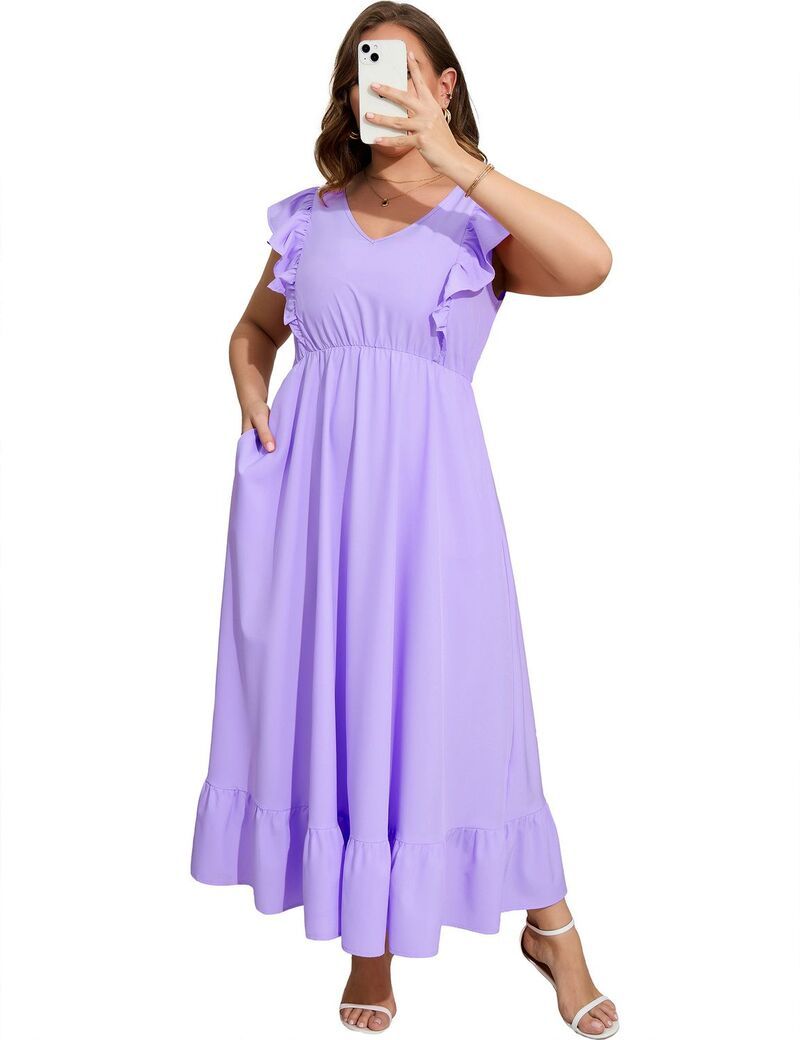 エリートチョイス レディース トップス ワンピース Vネック プラスサイズ フリル マキシ Elitechoice Womens Ruffle Sleeve VNeck Maxi Dress Plus
