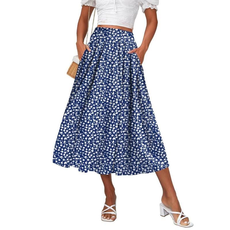 ジーグー レディース ボトムスカート ドット柄 A ライン ハイウエスト ドット プリーツ ミディ Zeagoo Womens Casual Boho Skirt Polka Dot High Wai