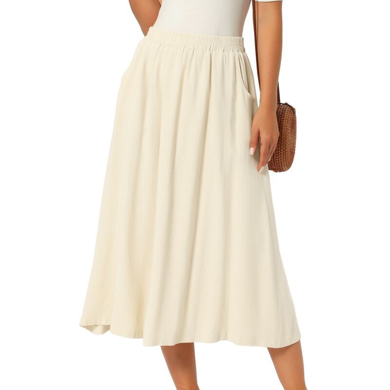 インスパイア シック レディース ボトムスカート A ライン ハイウエスト ミディ リネン INSPIRE CHIC Womens Linen Skirt Summer Casual Flowy Sw