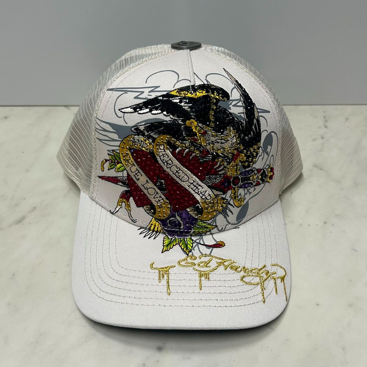 USA仕様 Ed Hardy エドハーディ Rhinestone Pierced Eagle イーグル メッシュ トラッカーキャップ Ivory (EDC4)