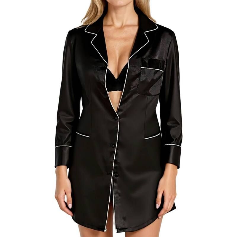 アンナカシ レディース アンダーウェア ナイトウェア シャツ サテン コントラスト AnnaKaci Womensatin ButtonFront Sleep Shirt with Contrast