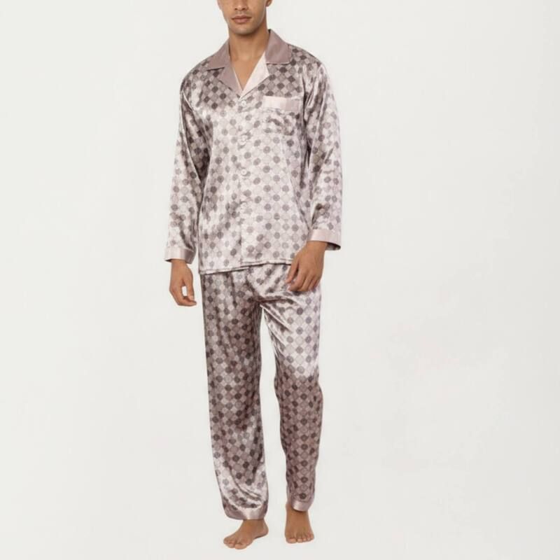 アンナカシ レディース アンダーウェア ナイトウェア プリント サテン コントラスト AnnaKaci Mens 2Piece Set Satin Pajamas with Geometricheck