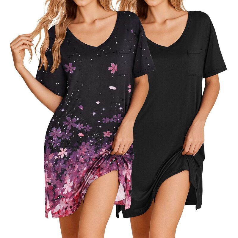 エコアー レディース アンダーウェア ナイトウェア Vネック プリント シャツ Ekouaer 2 Pack Nightgowns for Women Short Sleeve Sleepshirt