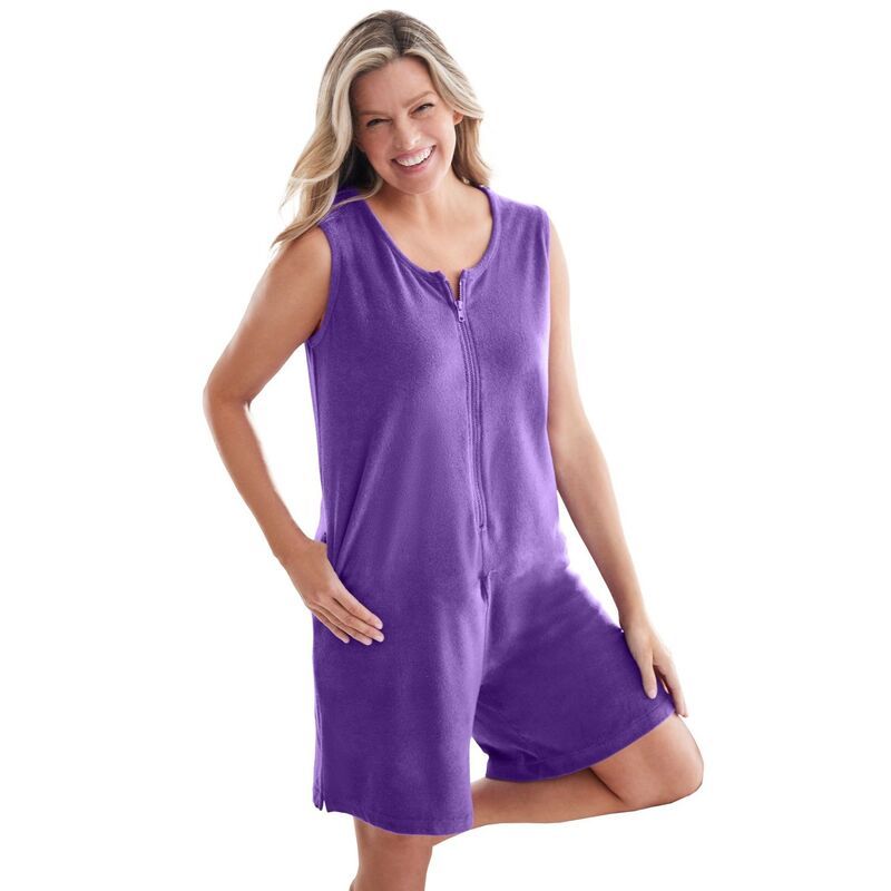 ドリームスアンドコー レディース アンダーウェア ナイトウェア プラスサイズ ロンパース パイル Dreams Co Plusize ZipFronterry Romper Plum Burst プラ