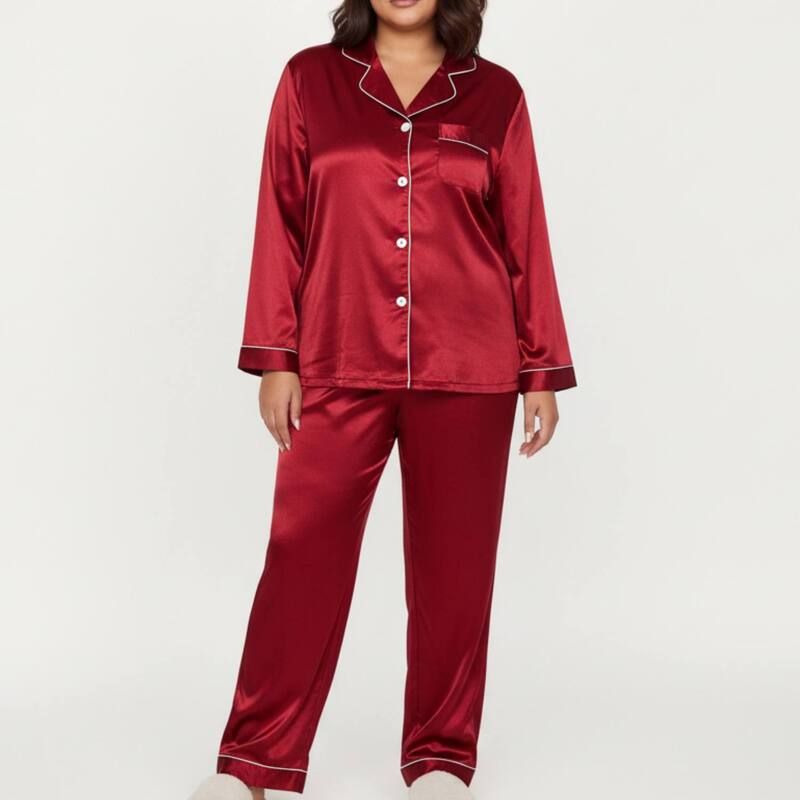 アンナカシ レディース アンダーウェア ナイトウェア リラックスフィット プラスサイズ パンツ サテン AnnaKaci Womens PLusize 2Piece Set Satin ButtonU