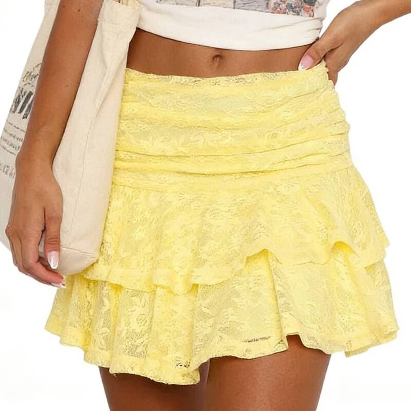 エリートスピリット レディース ボトムスカート ティアード ハイウエスト ギャザー フリル ミニ レース EliteSpirit Womens Yellow Lace Tiered Mini Skir