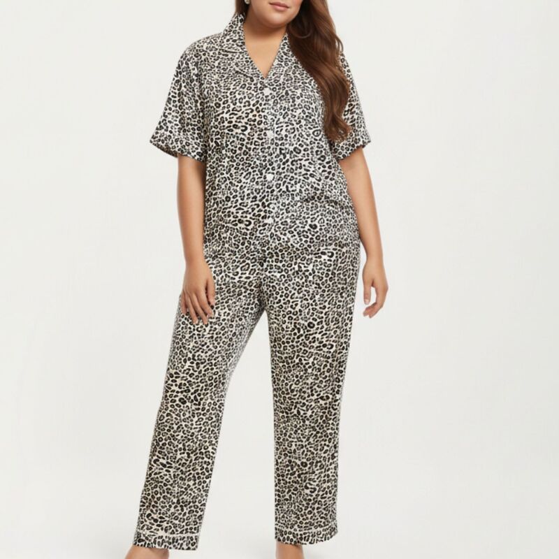 アンナカシ レディース アンダーウェア ナイトウェア ストレート プラスサイズ プリント パンツ サテン AnnaKaci Womens PLusize Leopard Print Pajama Se
