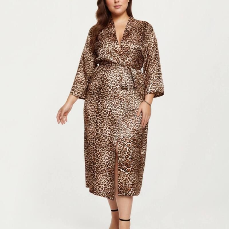 アンナカシ レディース アンダーウェア ナイトウェア プリント サテン シルク AnnaKaci Women s Leopard Print Satin Robe with Soft Silky Sh
