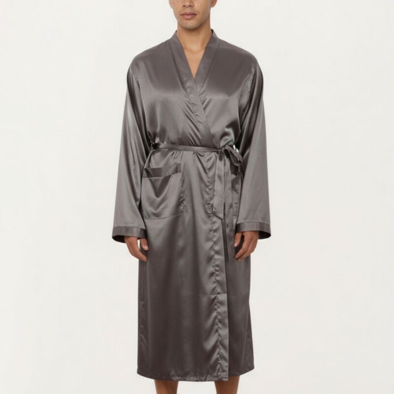 アンナカシ レディース アンダーウェア ナイトウェア サテン AnnaKaci Mensatin Robe with Waistie Belt and Front Pockets Gray グレー
