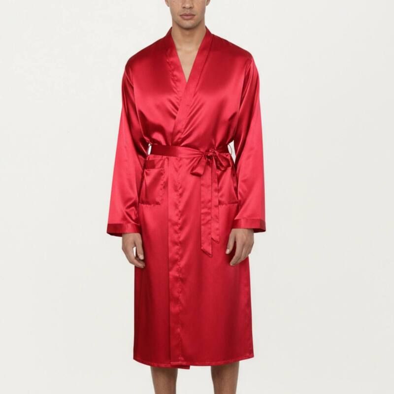 アンナカシ レディース アンダーウェア ナイトウェア サテン AnnaKaci Mensatin Robe with Waistie Belt and Front Pockets Red レッド