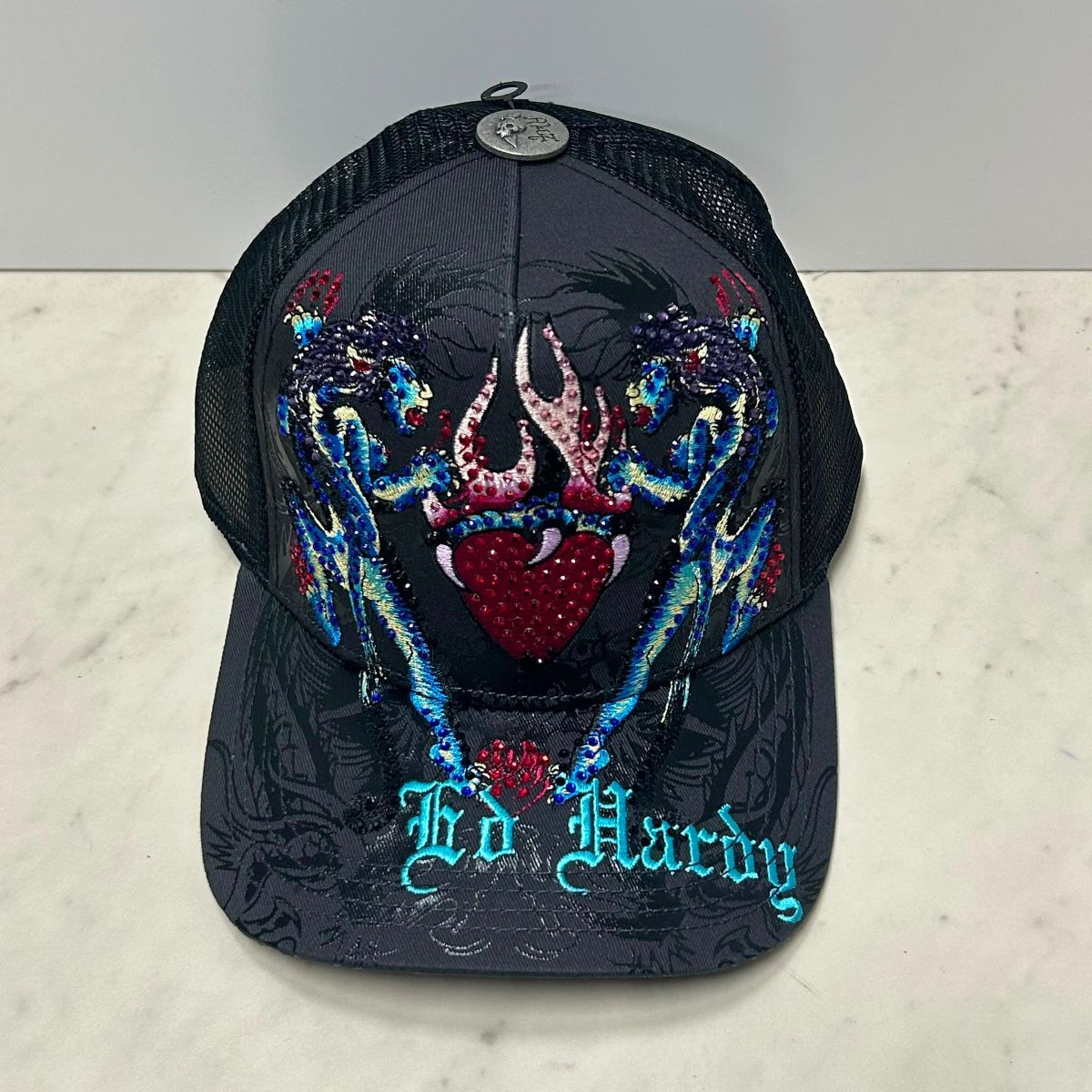 USA仕様 Ed Hardy エドハーディ Panthers Rhinestone メッシュ トラッカーキャップ ダークグレー (EDC13)