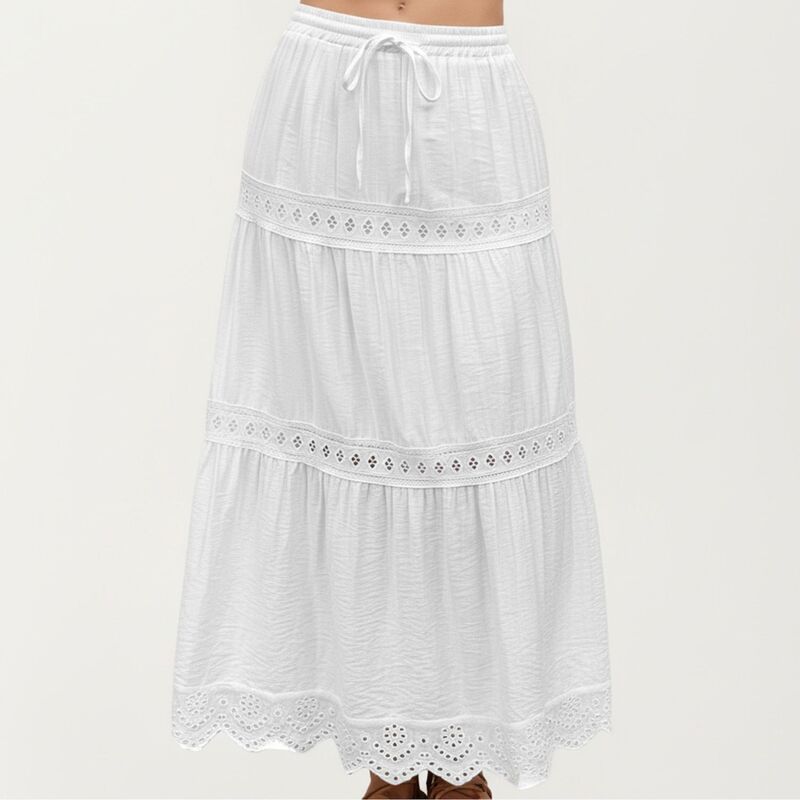 アンナカシ レディース ボトムスカート ティアード レーストリム ドローコードウエスト ミディ レース AnnaKaci Tiered Eyelet Midi Skirt with Drawstrin