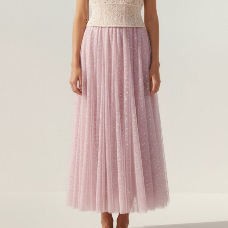 アンナカシ レディース ボトムスカート チュール メッシュ ミディ AnnaKaci Womensparkle Tulle Midi Skirt with Soft Flowing Mesh Laye