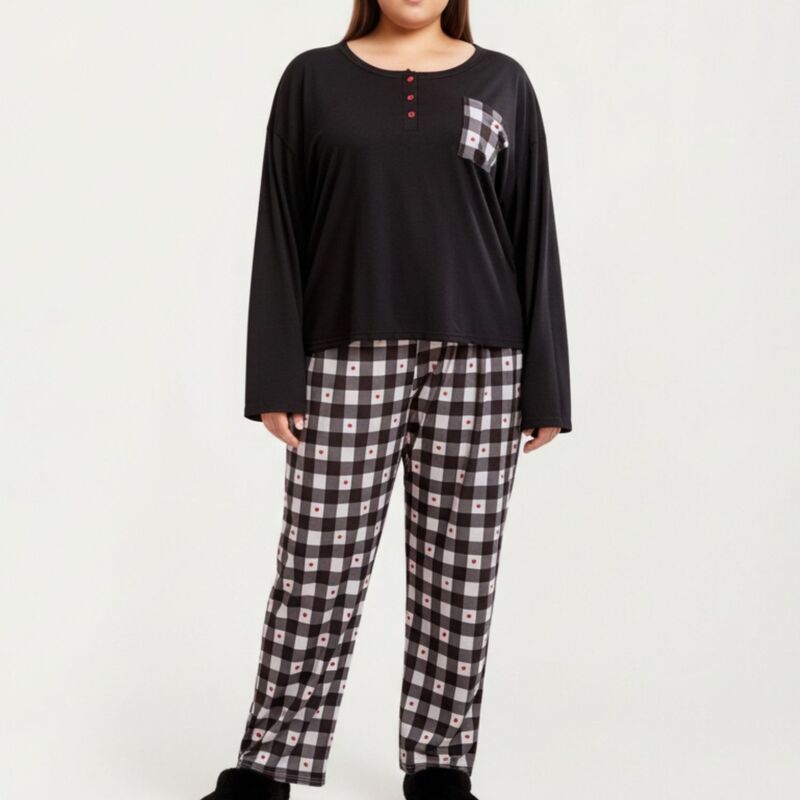 アンナカシ レディース アンダーウェア ナイトウェア パンツ AnnaKaci Women s 2Piece Set Long Sleeve Henley Top and Plaid Pajama P
