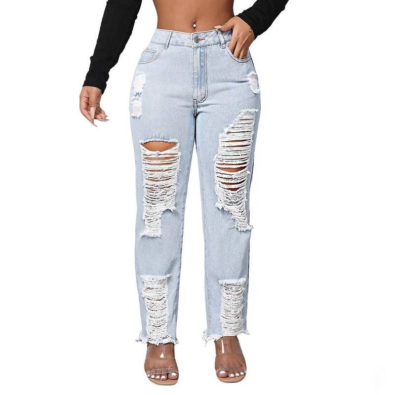 クリアフラワー レディース ボトムス デニムパンツ ストレート ハイウエスト ジーンズ フリンジ ClearFlower Womens Distressedenim Jeans High Waist