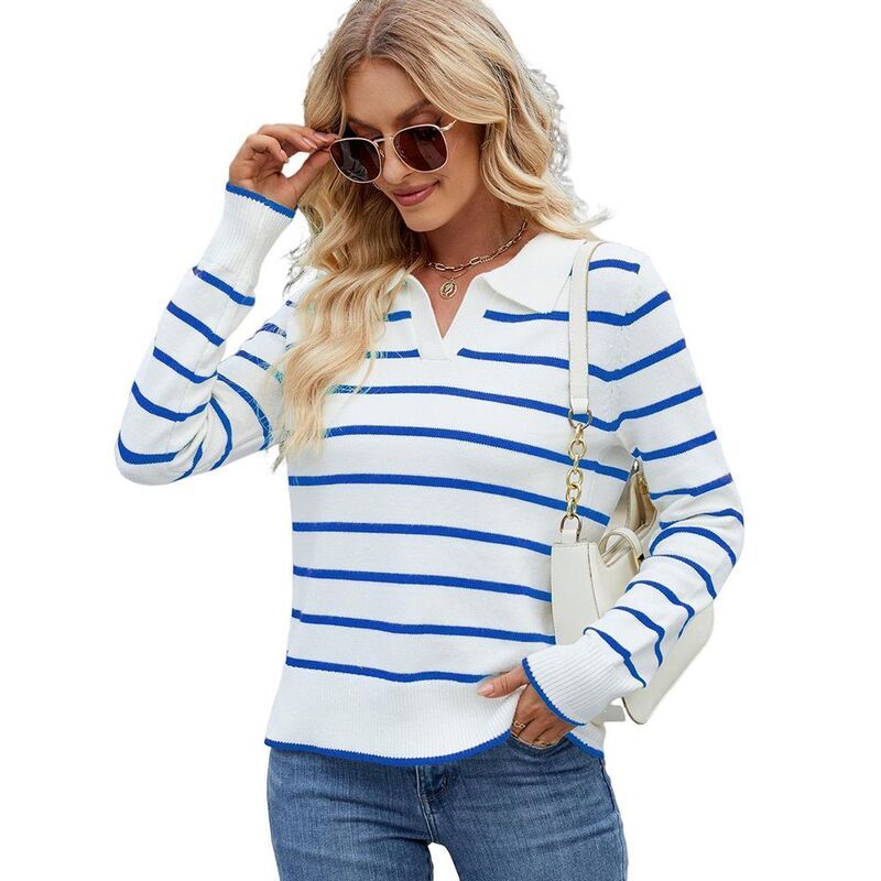 ジョイジョイ レディース アウター ニット・セーター Vネック JoyJoy Womens Casual Striped Knit Sweater VNeck Lapel Collar Long Sl