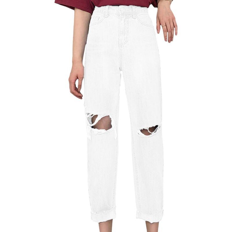 アンナカシ レディース ボトムス デニムパンツ ハイウエスト ジーンズ AnnaKaci Womens High Waist Ripped Boyfriend Jeans Off White オフホワ