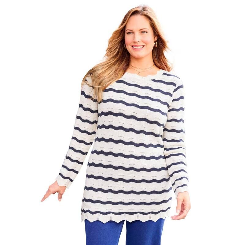 キャサリンズ レディース アウター ニット・セーター プラスサイズ Catherines Womens Plusize ScallopDetail Knit Sweater Navy White Wa