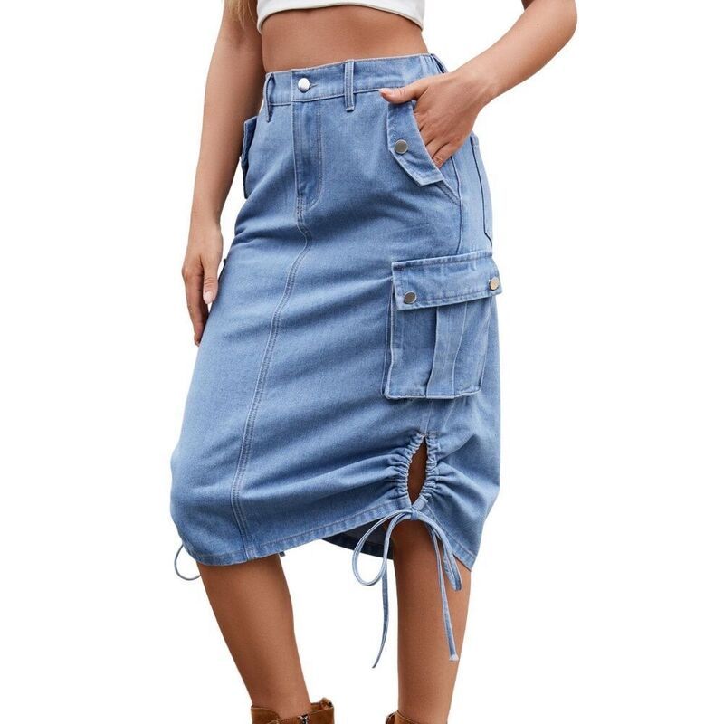 イエスファッション レディース ボトムスカート デニム Yesfashion Denim Cargo Skirts for Women Casual High Waistedrawstring Sli