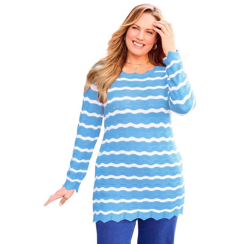 キャサリンズ レディース アウター ニット・セーター プラスサイズ Catherines Womens Plusize ScallopDetail Knit Sweater Azure Blue Wh