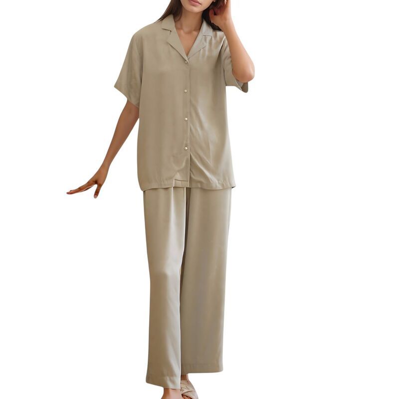 アンナカシ レディース アンダーウェア ナイトウェア リラックスフィット ワイドレッグ パンツ サテン AnnaKaci Womensatin ButtonUpajama Set with Short
