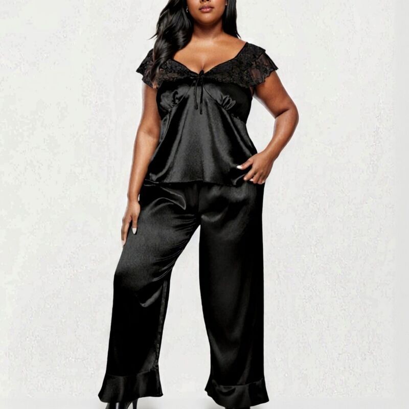 アンナカシ レディース アンダーウェア ナイトウェア ワイドレッグ レーストリム プラスサイズ パンツ サテン レース AnnaKaci Womens PLusize 2Piece Set Satin