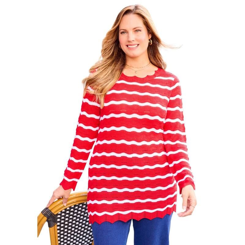 キャサリンズ レディース アウター ニット・セーター プラスサイズ Catherines Womens Plusize ScallopDetail Knit Sweater Vivid Red Whi