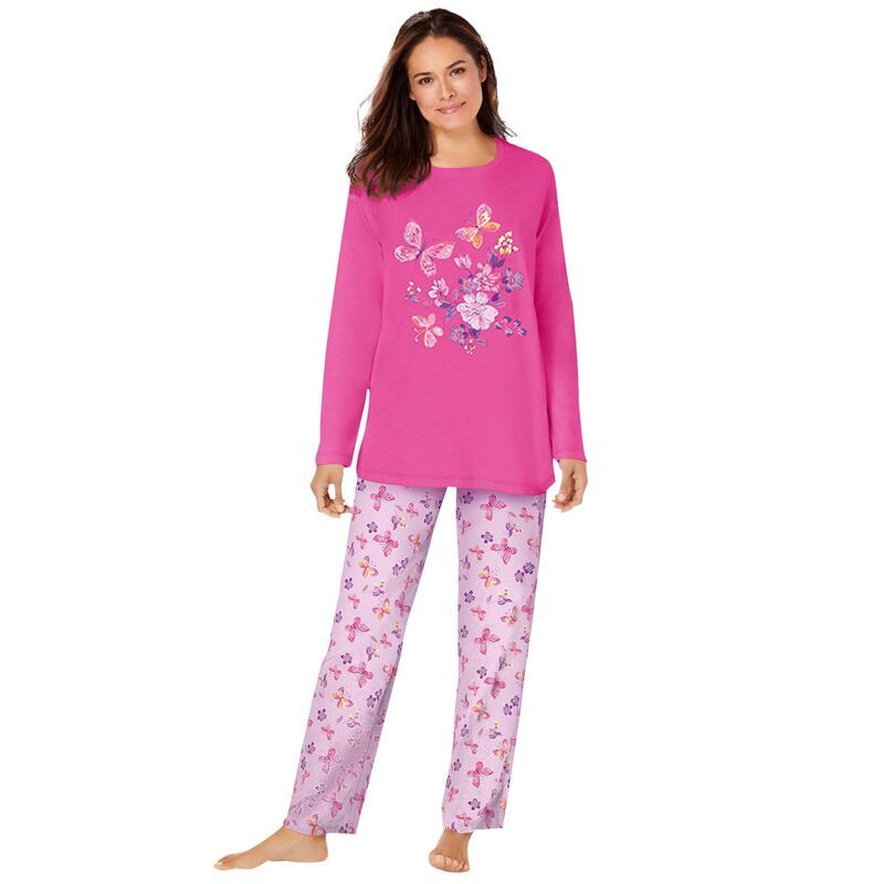 ドリームスアンドコー レディース アンダーウェア ナイトウェア プラスサイズ ニット Dreams Co Plusize Long Sleeve Knit PJ Set Pink Butterflie
