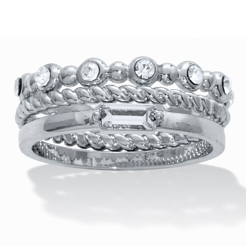 パームビーチジュエリー レディース アクセサリー リング PalmBeach Jewelry 3Piece Platinum Plated Crystal Stacked Band Set White