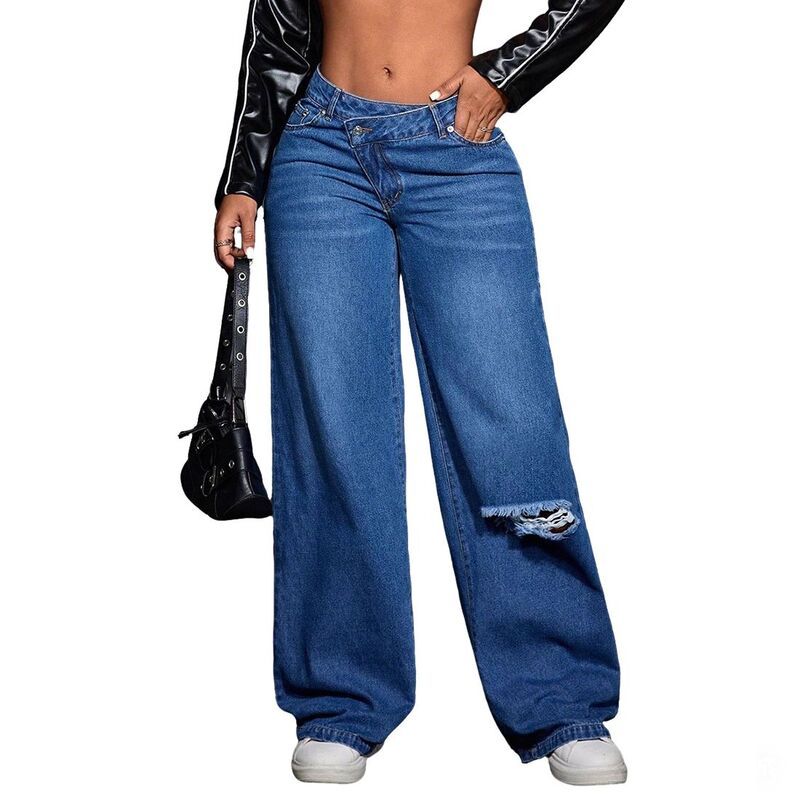 クリアフラワー レディース ボトムス デニムパンツ ワイドレッグ ジーンズ ClearFlower Womens Crossover Waist Wide Leg Jeans Distressedet