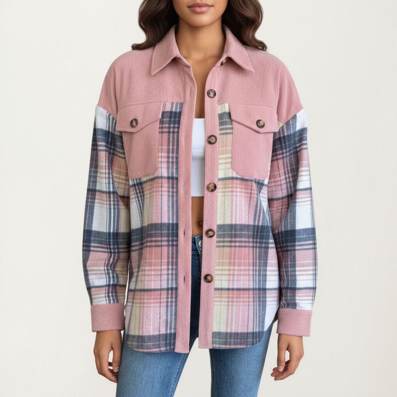 アンナカシ レディース アウター ジャケット・ブルゾン コーデュロイ シャツ コントラスト AnnaKaci Womens Plaid Button Front Shirt Jacket with S