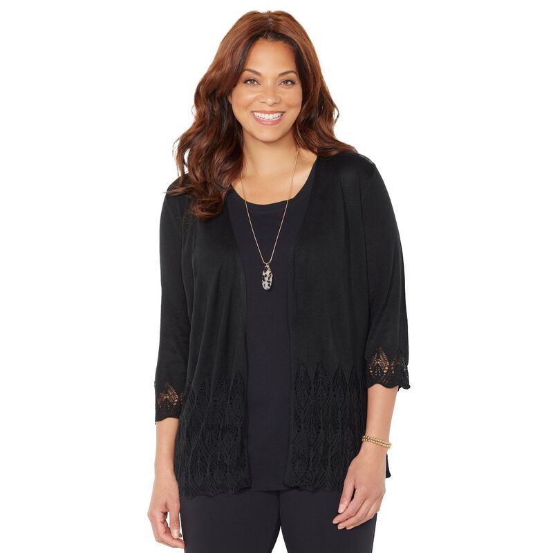 キャサリンズ レディース アウター ニット・セーター プラスサイズ カーディガン Catherines Womens Plusize Pointelle Chevron Cardigan Black