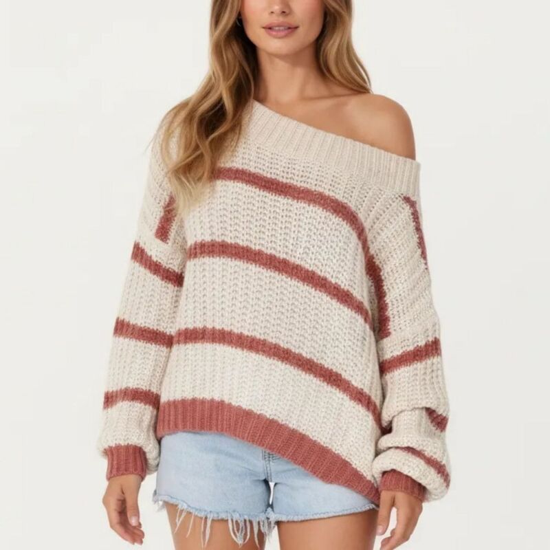 アンナカシ レディース アウター ニット・セーター リラックスフィット リブ AnnaKaci Womens Off Shoulder Striped Knit Sweater Top with Ri
