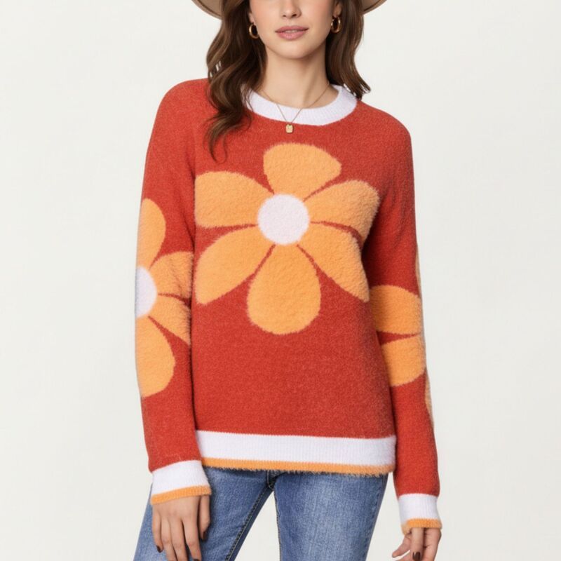 アンナカシ レディース アウター ニット・セーター フラワー柄 リブ フラワー グラフィック AnnaKaci Womens Large Floral Graphic Pattern Fuzzy Kn