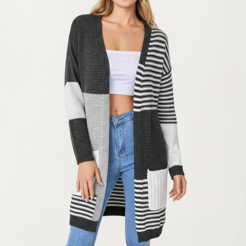 アンナカシ レディース アウター ニット・セーター カーディガン AnnaKaci Womens Long Sleeve Color Block Striped Knit Cardigan with