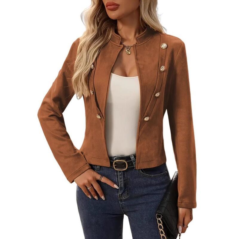 エリートスピリット レディース アウター ジャケット・ブルゾン スエード クロップド ブレザー EliteSpirit Womens Cropped Suede Blazer Stand Collar