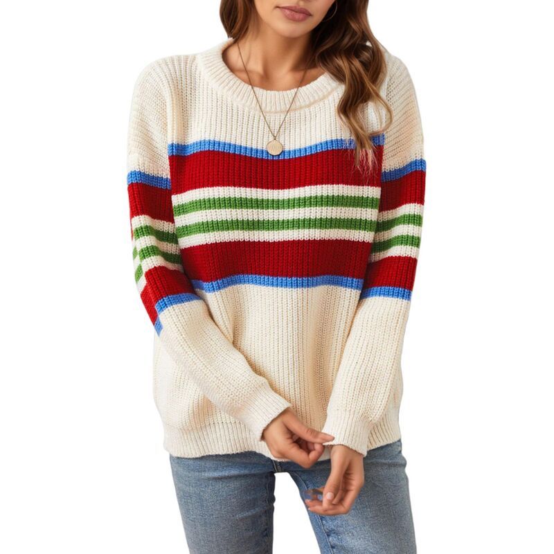 アンナカシ レディース アウター ニット・セーター リラックスフィット クルーネック AnnaKaci Womens Long Sleeve Striped Knit Sweater with Cre